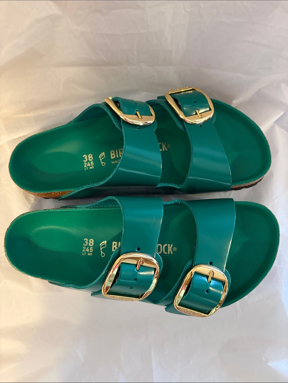 Birkenstock Arizona Two-Strap Slide Sandals in Teal with Gold Buckles - Picture 3 of 11